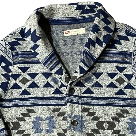 Levi's Fleece Cardigan Shawl Neck Southwest Aztec Geometric Jacket M Grey Blue - Picture 3 of 10